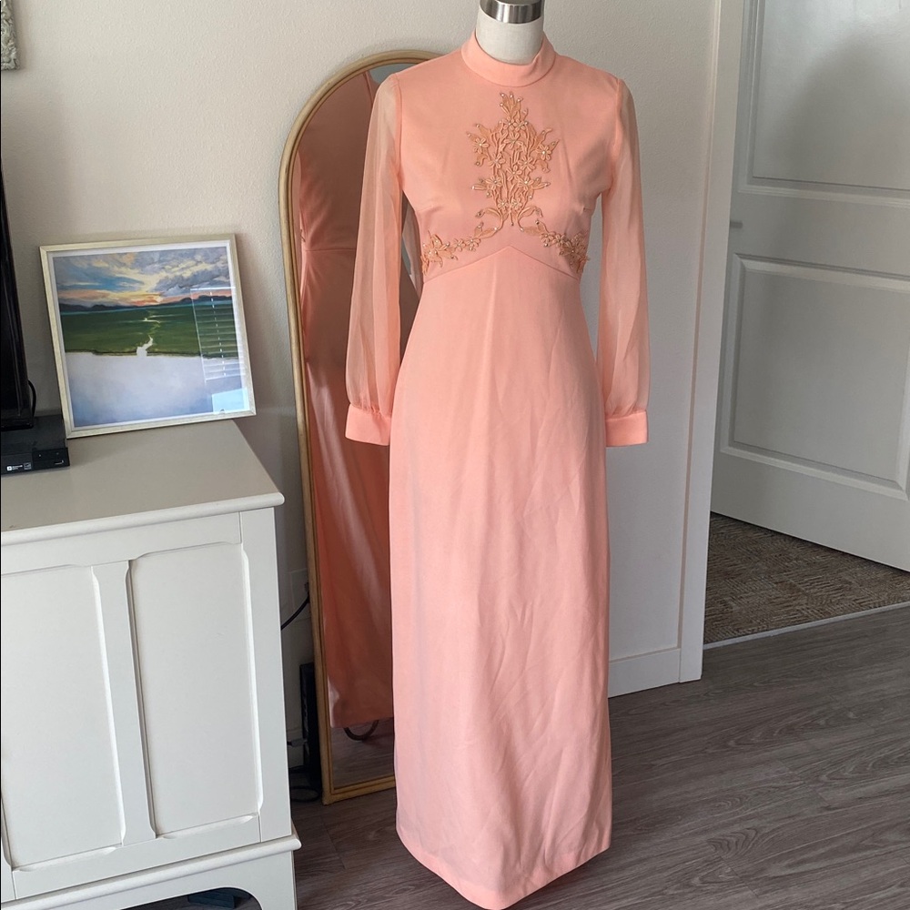 Vintage 1970s Coral Embellished Maxi Dress